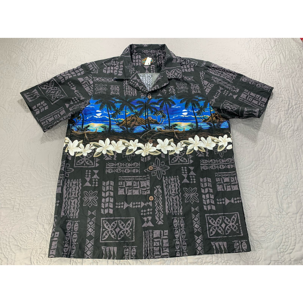 Vintage Hawaiian Collection Reserve Mens Medium Black Floral‎ Island Ocean Palm